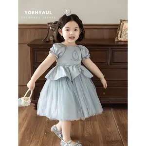 YOEHYAUL X4537 1-8T fábrica logotipo personalizado niño satén fiesta vestidos diseños bordado princesa flor niña vestidos boda niños