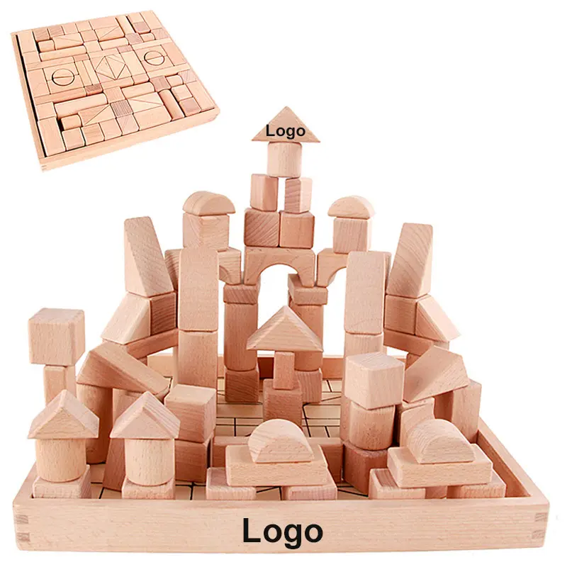 Commiki 100pcsooden Nastacking Blockstle blocs de construction hêtre en bois jouets en bois boîte de couleur bois unisexe 75 jouet de Construction