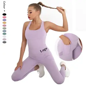 2023 Women&#39;s Seamless Yoga Set Sleeveless Backless Jumpsuits Costume Quick Dry Bodysuit Tracksuit Tights Scrunch Leggings