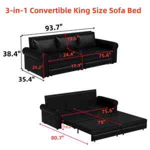 Entrepôt à l'étranger US Stock King Size Noir Faux <span class=keywords><strong>Cuir</strong></span> Fer Contreplaqué Métal Plastique 3-en-1 Faux <span class=keywords><strong>Cuir</strong></span> Canapé-lit Convertible - Product Image 3