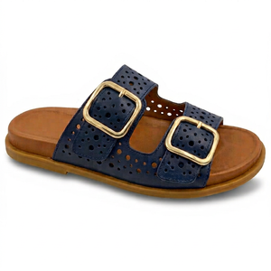 Sandalias Planas de Cuero Genuino Azul Marino, Punta Abierta, Cierre de Hebilla, Transpirables, Zapatos de Verano con Suela de Goma - Product Image 1