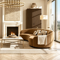 Canapé asymétrique moderne sans accoudoirs, au design raffiné et décontracté, avec une silhouette généreusement rembourrée et une base en bois brun, idéal pour appartement et école