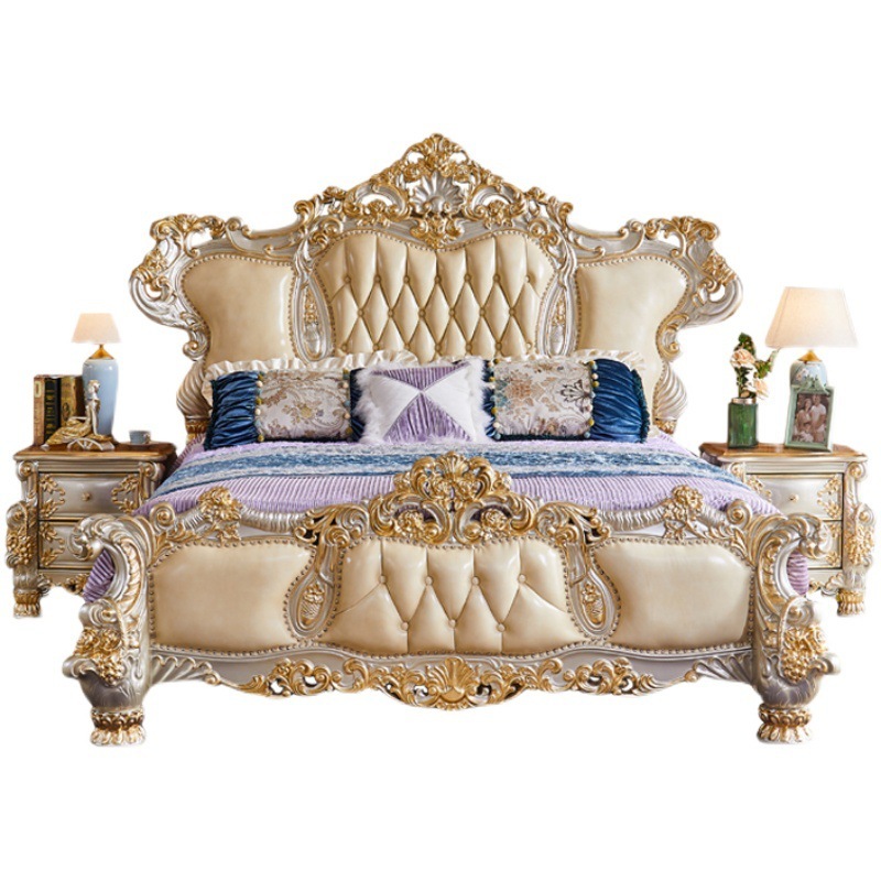 Solid Wood Leather Double Bed with