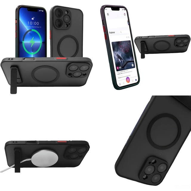 Slim Shockproof Magnetic Casing with Stand for iPhone 11 12 13 14 15 16 Pro Max 17 Air Plus Case, Mobile Cover with Holder