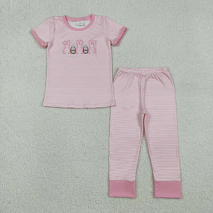 Ensemble de vêtements de pyjama pour garçons avec broderie de lapin, haut à rayures bleues et pantalon, pour Pâques - Product Image 2