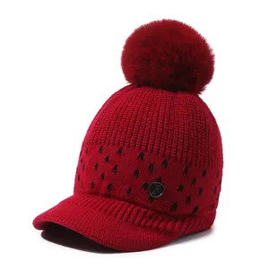 Fashion Knitted Beanie Cap With Visor Winter Women Hats Outdoor Cold-Proof Activities Cap