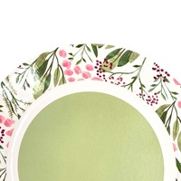 Nouveau produit : Assiette jetable en carton blanc 350g, finition vert clair, avec motif floral pour les fêtes