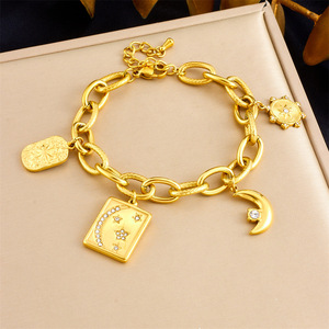Fashionable Gold Plated Stainless Steel Chunky Chain Bracelet With Moon Star Charms Geometric Design Gift Jewelry - Product Image 1