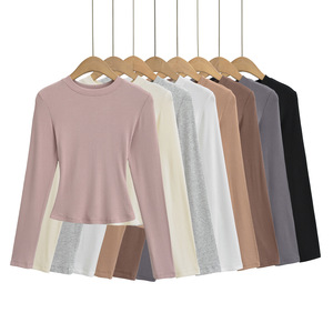 T-shirt côtelé à manches longues et col rond pour femme, couleur unie, tendance - Product Image 3