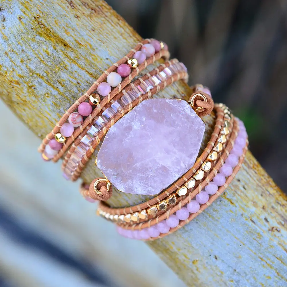 Drop-shipping Hot Sale Multilayer Gemstone Rose Quartz Bracelet Handmade 5 Layers Healing Stone Bracelet Drop-shipping