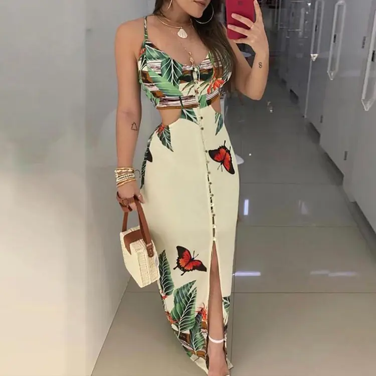 Spaghetti Strap Tropical Print Cutout Dress Women Dress Elegant Casual Dresses