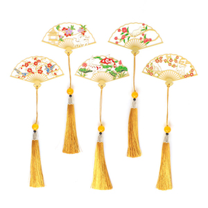 Marcapáginas de metal antiguo popular con diseño de abanico de loto y borla, de cuero genuino, estilo clásico chino, con hoja de latón hueca - Product Image 4