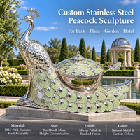 Sculpture d'oiseau paon en métal élégante, polie miroir, personnalisée pour parcs, places, jardins, hôtels et cours paysagères