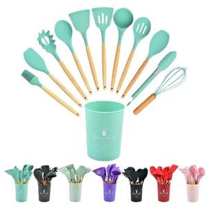 Ensemble d'ustensiles de cuisine en silicone à manche en bois, 12 pièces, spatule et cuillère à soupe, qualité alimentaire, résistant aux hautes températures, vente chaude - Product Image 2
