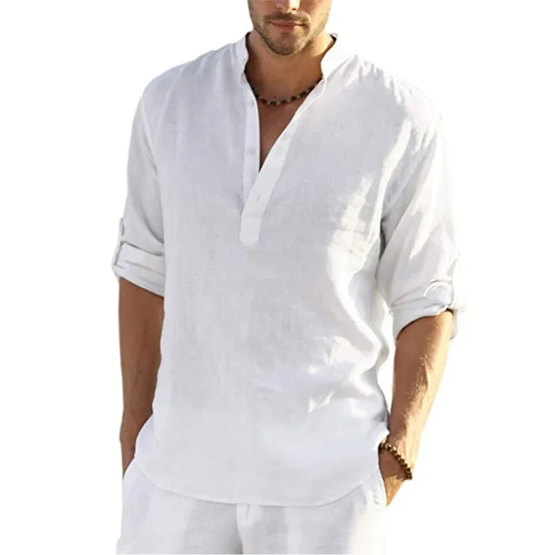 Henley Shirts Sale Mens Summer Clothing Linen Solid Color Short Sleeve Oversized Shirts For Men