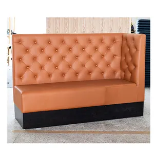 Hendry Kustom Kulit Oranye Kain Retro Studded Bentuk U Setengah Bulat Tombol Melengkung Restoran Kayu Cafe Booth Sofa Tempat Duduk