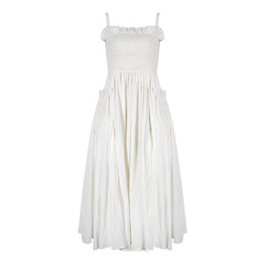 Bettergirl 2024 été nouveau français rétro blanc licou tirer-pli jupe taille longue robe amincissante - Product Image 1