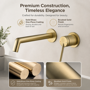 Rubinetto da Bagno a Parete in Ottone Spazzolato Oro, Miscelatore Monocomando a 2 Fori per Lavabo, Valvola in Ceramica Nascosta - Product Image 4