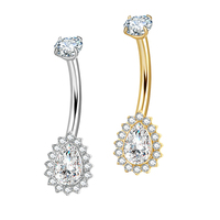 Piercing de nombril en titane ASTM F136 plaqué or, design floral, fileté intérieurement, barbell incurvé avec double zircone cubique