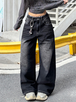 Jeans en denim noir délavé pour femme, imprimé graffiti, clouté, taille haute, coupe ample, jambe large, style streetwear Y2K, vente en gros