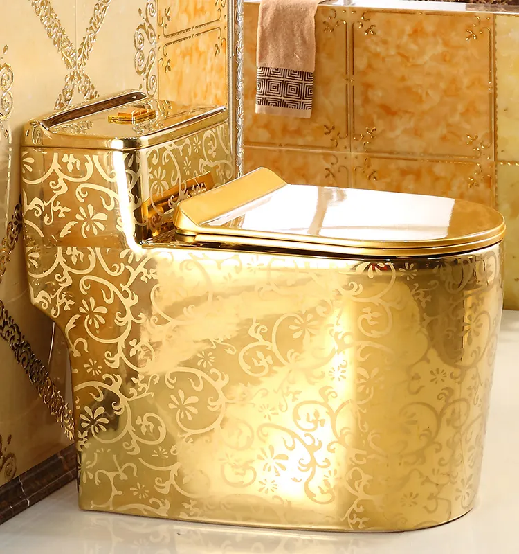 MARACHI Luxury bathroom golden wc commode toilet bowl ceramic sanitary ware one piece diamond shape gold plated toilet