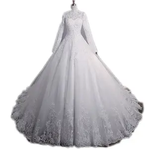 LN01 الربيع الخريف ياقة قائمة أكمام طويلة فستان زفاف دانتيل عروس إسلامية قطار كبير