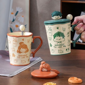 Ensemble de tasses en céramique de dessin animé avec couvercle et cuillère 480 ml résistantes à la chaleur, design couple, pour cadeau - Product Image 2