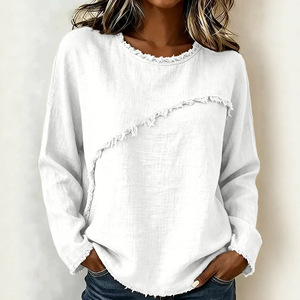 Nuova <span class=keywords><strong>Maglietta</strong></span> Casual da Donna Primavera-Autunno, Maniche Lunghe, Vestibilità Ampia, Collo Tondo, Bordo Grezzo con <span class=keywords><strong>Frange</strong></span> - Product Image 2