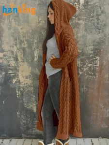 Femmes couleur unie à manches longues à capuche Cardigan dames décontracté tricoté sweats à capuche pull ample surdimensionné chandails manteau J0041 - Product Image 2