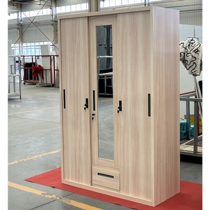 Mueble <span class=keywords><strong>de</strong></span> dormitorio con acabado <span class=keywords><strong>de</strong></span> grano <span class=keywords><strong>de</strong></span> madera, armario <span class=keywords><strong>de</strong></span> acero con 3 puertas correderas, ropero metálico con espejo y cajones - Product Image 1