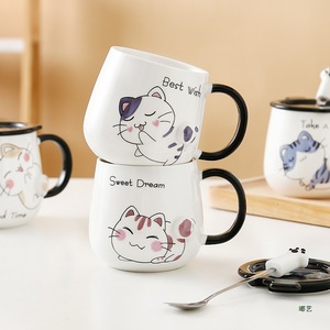 Taza de gato de dibujos animados con tapa y cuchara, taza de agua de cerámica para café de oficina y desayuno para el regreso a la escuela - Product Image 3
