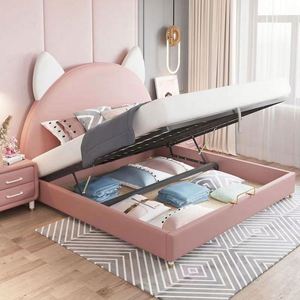 Cama Moderna Estilo Nórdico para Niñas, Diseño de Orejas de Gato, Tamaño Completo, Madera Cómoda, con Tapizado de Algodón - Product Image 4