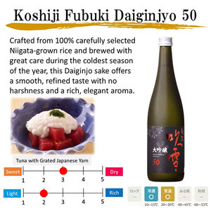 Sake Japonés de Primera Clase, Koji Koshiji Fubuki Dai Ginjyo 50, 15% ABV, 720ml, Niigata, Vino de Arroz y Frutas - Product Image 3