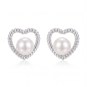 <b>Copper</b> Heart Rope <b>Frame</b> Freshwater Pearl Stud Earrings Minimalist Silver Plated Jewelry for Women - Product Image 1