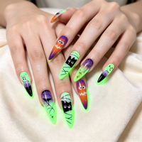 Faux ongles lumineux d'Halloween à presser, boîte de 4 compartiments, imprimés en 3D, longs stilettos, qui brillent dans le noir, motifs citrouille, araignée, fantôme