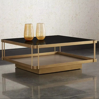 Table basse carrée moderne à double plateau, cadre en métal doré, plateau en verre trempé noir de luxe, meubles de salon
