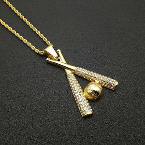 Gold <b>Baseball</b> <b>Bat</b> Pendant Necklace Stainless Steel Chain Pave Setting Hip Hop Jewelry - Product Image 3