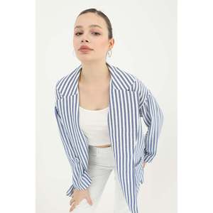 Puane Women's Lightweight Striped <b>Linen</b> Jacket for Spring Summer - Casual Indigo Outerwear for Cool Evenings - Product Image 5