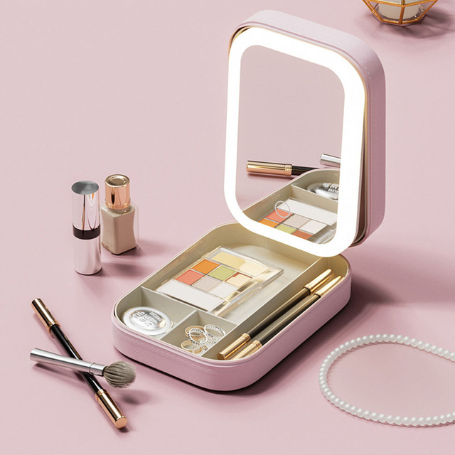 LG6077 Small Travel LED Jewelry Makeup Mirror Case with 3 Adjustable Color Light Dust-Proof Jewelry Box Mini Cosmetic Case