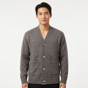 Cardigan gris col V personnalisé ODM pour homme, avec poches et boutons, en maille 100 % acrylique anti-boulochage, idéal pour l'hiver - Product Image 1