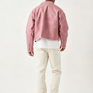 Blouson court décontracté pour homme en cuir PU rose, avec lettres embossées, col rabattu, fermeture éclair, style streetwear, personnalisable avec logo OEM - Product Image 2