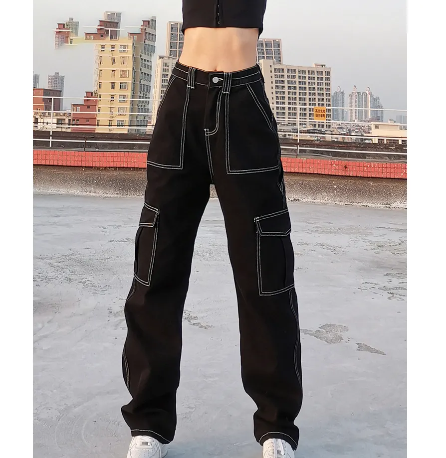 Pockets Patchwork Baggy Jeans Fashion Streetwear 100% Cotton Women Denim Trouser Loose Cargo Pants Korean Jeans Harajuku