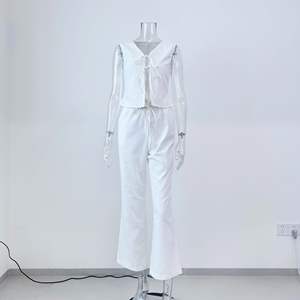 Enyami Tank top tanpa lengan wanita, set 2 potong rompi kerah V warna polos tanpa lengan dasi depan Linen untuk wanita - Product Image 5