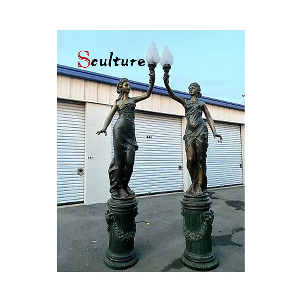 Estatua de bronce de latón promocional para mujer, lámpara de jardín, escultura de lámpara de bronce