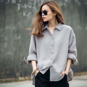 Ropa personalizada Camisas de gran tamaño Ocio Lino Solapa Camisas Botón superior Delgado Suelto Camisa de manga larga de gran tamaño Blusas de las mujeres - Product Image 3