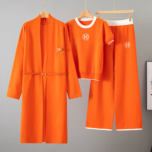 Stile autunnale da <span class=keywords><strong>donna</strong></span> in tre pezzi elegante a maniche corte <span class=keywords><strong>pantaloni</strong></span> <span class=keywords><strong>larghi</strong></span> a maglia lunga con giacca Cardigan in tinta unita 0592 - Product Image 6