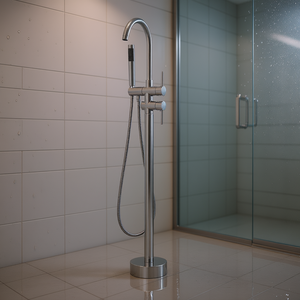 Robinet de baignoire sur pied, montage au sol, 37,6 pouces, en acier inoxydable chromé, design moderne, mitigeur à poignée unique, pommeau de douche effet pluie - Product Image 2