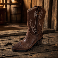 Bottes mi-mollet vintage en cuir de vachette style western pour femme, à enfiler, à revers épais et bout pointu