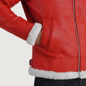 Blouson aviateur en cuir véritable rouge pour homme avec doublure en fausse fourrure, fermeture éclair, coupe ajustée, style motard d'hiver - Product Image 2