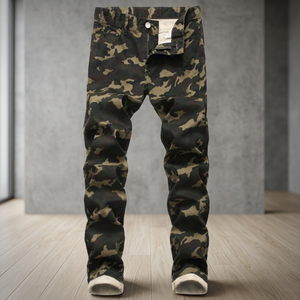 En gros Jean pour homme coupe slim droite taille mi-haute délavé moyen respirant extensible vert imprimé streetwear décontracté géométrique - Product Image 3